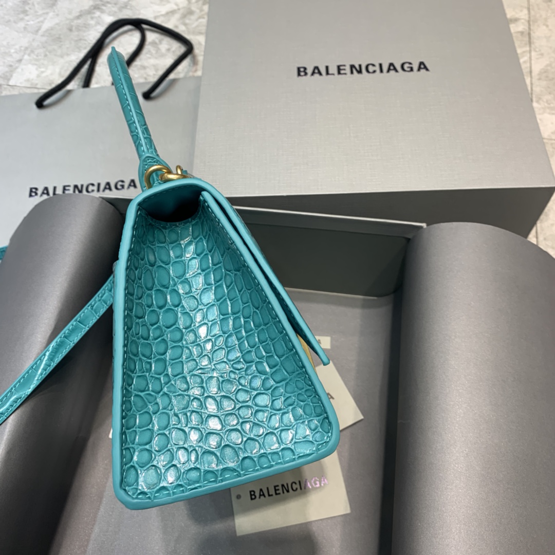 Balenciaga Hourglass Small Handbag Crocodile Embossed Shoulder Bag Green Blue